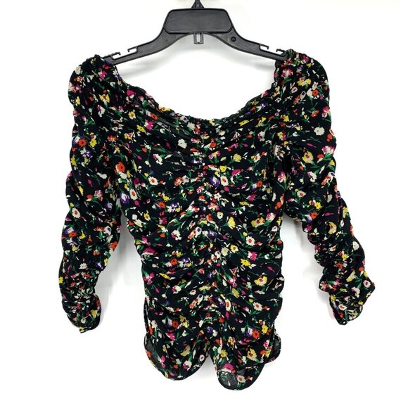 Zara Top Black Floral Print Ruched Off Shoulder Long Sleeve - Picture 3 of 11